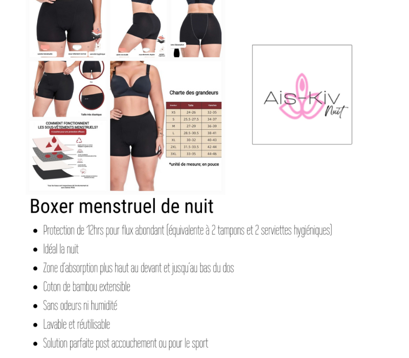 Boxer menstruel de nuit Ais-Kiv – idéal pour le post-partum